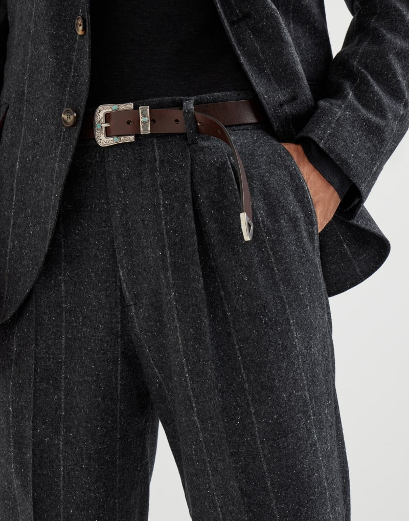BRUNELLO CUCINELLI MEN'S ANTHRACITE WOOL SILK PINSTRIPE TROUSERS