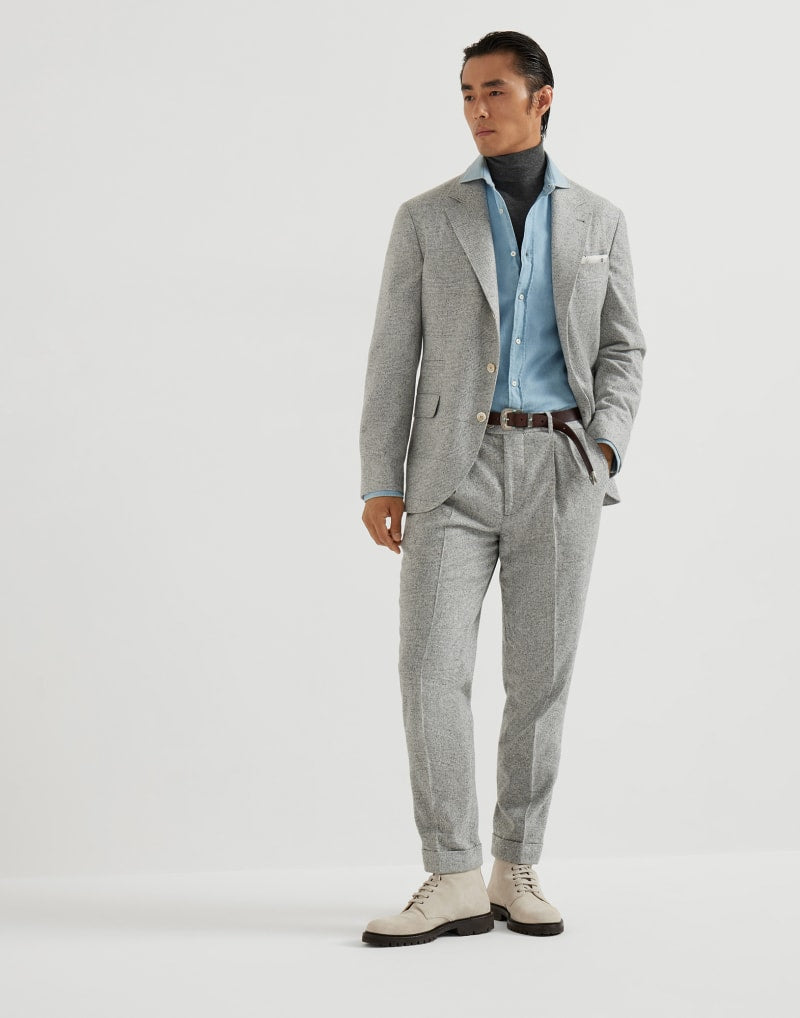BRUNELLO CUCINELLI MEN'S LIGHT GREY SILK WOOL BLEND PLEATED TROUSERS