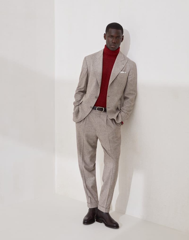 BRUNELLO CUCINELLI MEN'S BARK WOOL SILK PLEATED TROUSERS