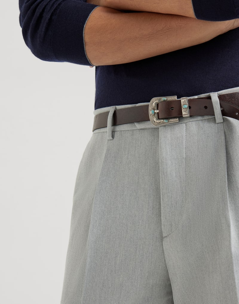 BRUNELLO CUCINELLI MEN'S LIGHT GREY WOOL COTTON TAPERED TROUSERS