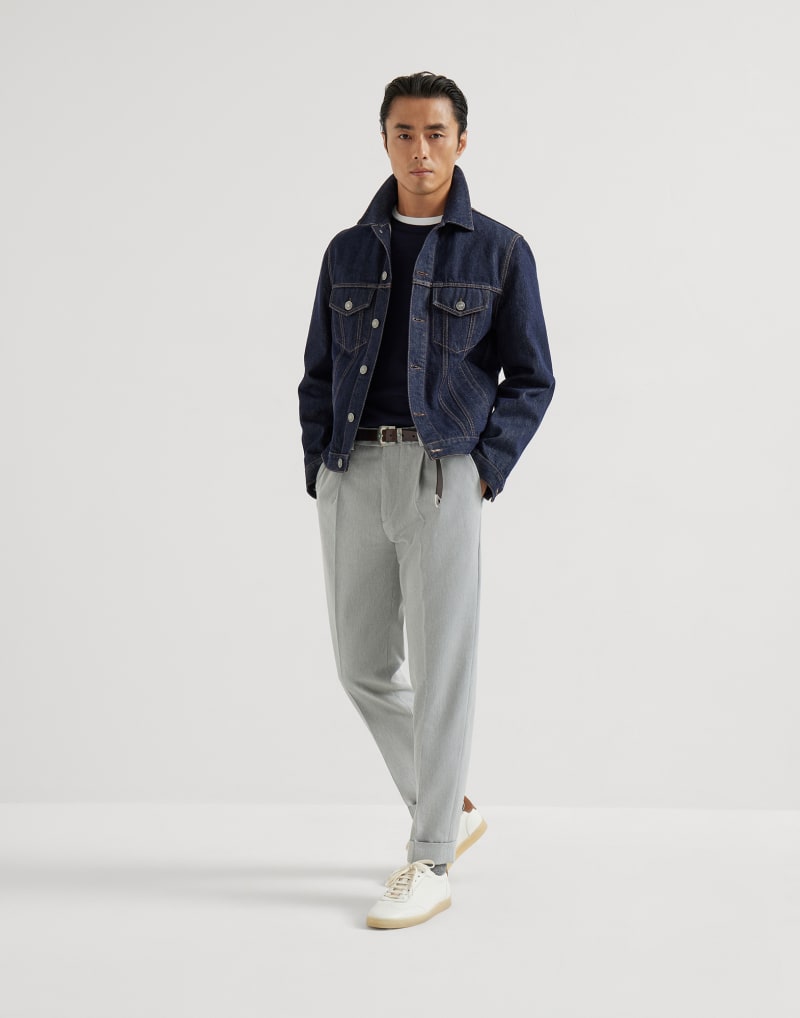 BRUNELLO CUCINELLI MEN'S LIGHT GREY WOOL COTTON TAPERED TROUSERS
