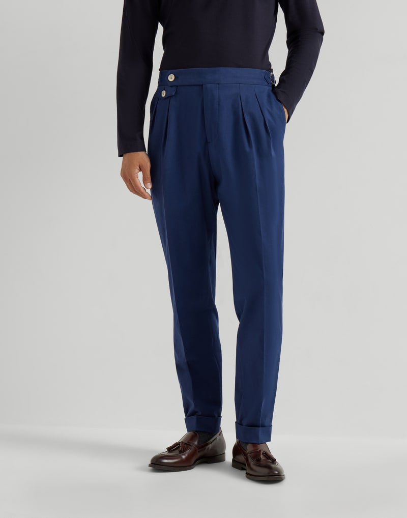 BRUNELLO CUCINELLI MEN'S OCEAN COTTON WOOL BLEND PLEATED TROUSERS