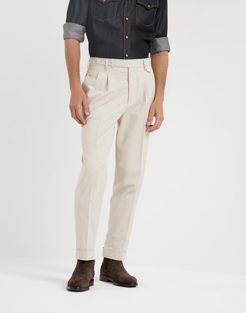BRUNELLO CUCINELLI MEN'S FLAX SEEDS COTTON WOOL BLEND PLEATED TROUSERS