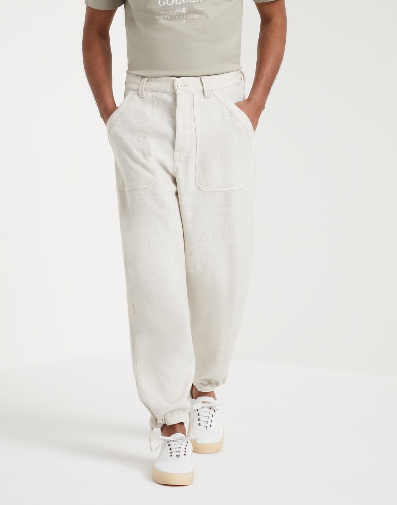 BRUNELLO CUCINELLI MEN'S ECRU LINEN WOOL BLEND RELAXED TROUSERS