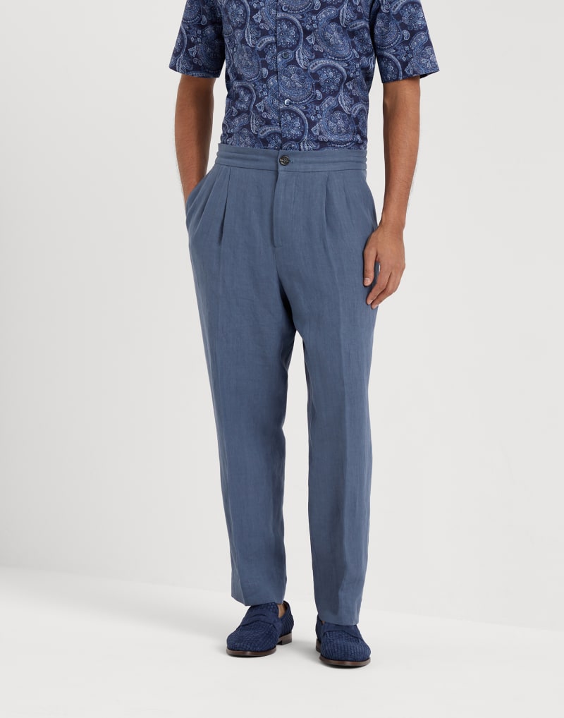 BRUNELLO CUCINELLI MEN'S OCEAN LINEN PLEATED TROUSERS