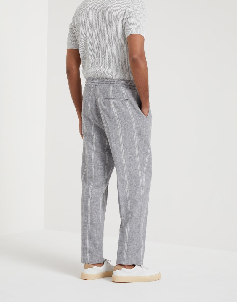 BRUNELLO CUCINELLI MEN'S GREY LINEN WOOL BLEND STRIPED TROUSERS
