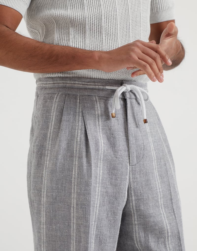 BRUNELLO CUCINELLI MEN'S GREY LINEN WOOL BLEND STRIPED TROUSERS