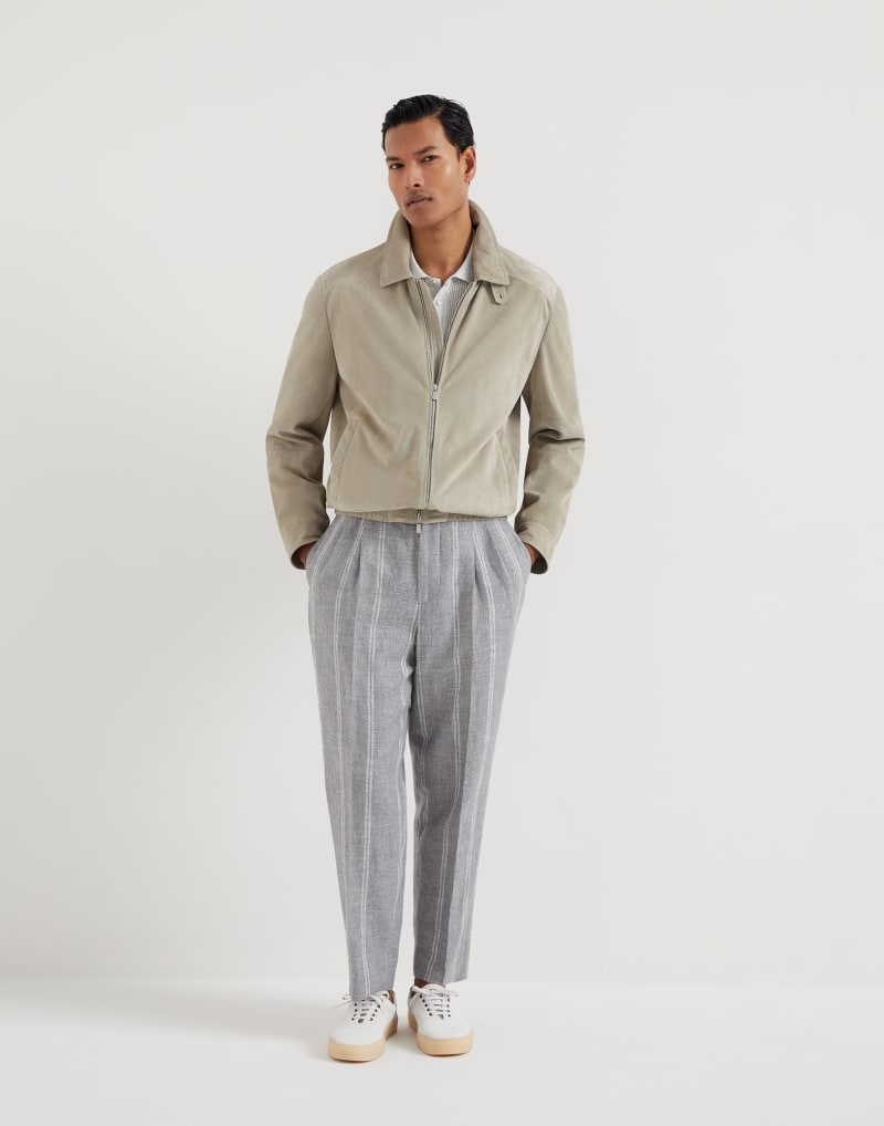 BRUNELLO CUCINELLI MEN'S GREY LINEN WOOL BLEND STRIPED TROUSERS