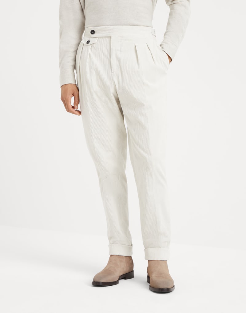 BRUNELLO CUCINELLI MEN'S TALC COTTON WOOL PLEATED TROUSERS