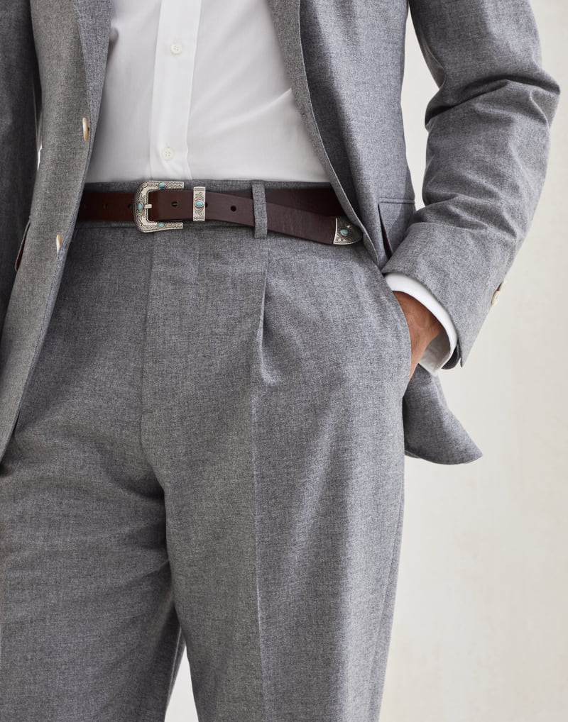 BRUNELLO CUCINELLI MEN'S GREY WOOL SILK PLEATED TROUSERS