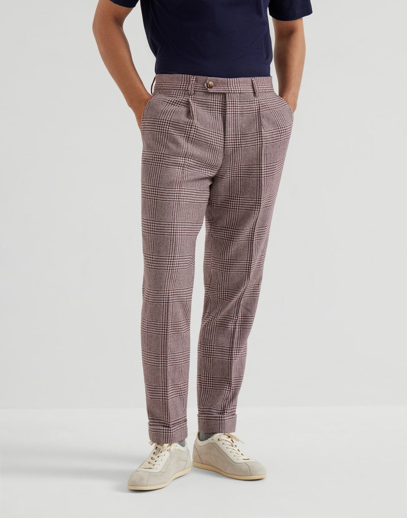 BRUNELLO CUCINELLI MEN'S PURPLE WOOL SILK BLEND CHECKED TROUSERS