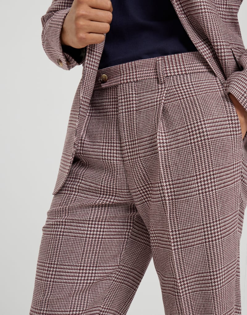 BRUNELLO CUCINELLI MEN'S PURPLE WOOL SILK BLEND CHECKED TROUSERS