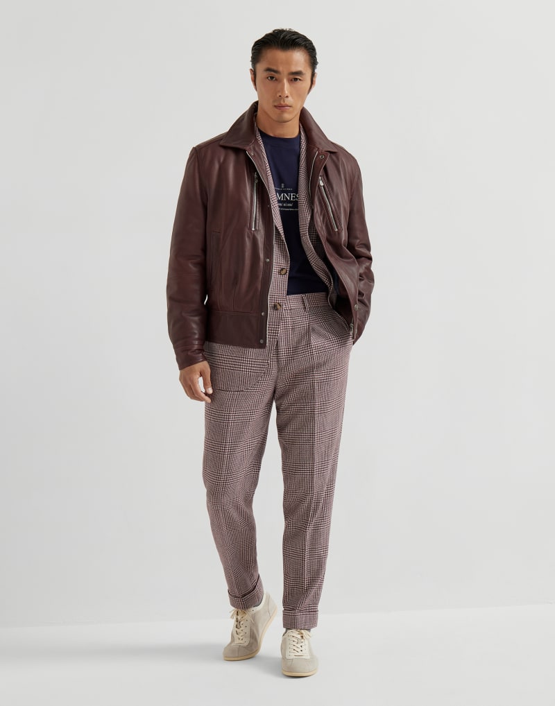 BRUNELLO CUCINELLI MEN'S PURPLE WOOL SILK BLEND CHECKED TROUSERS
