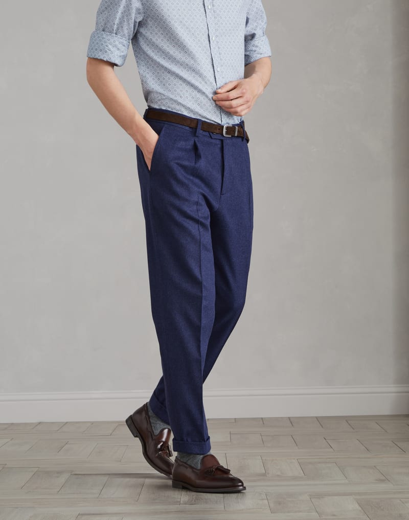 BRUNELLO CUCINELLI MEN'S DENIM WOOL BLEND PLEATED TROUSERS