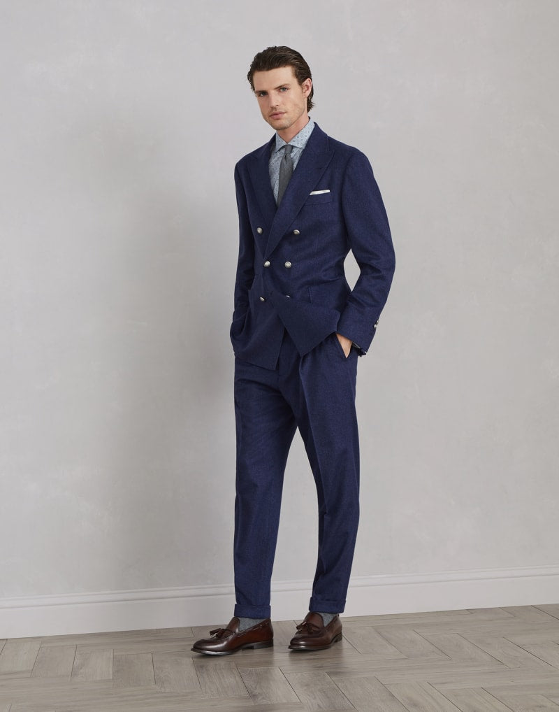 BRUNELLO CUCINELLI MEN'S DENIM WOOL BLEND PLEATED TROUSERS