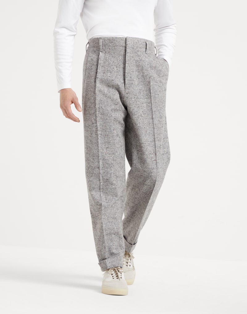 BRUNELLO CUCINELLI MEN'S STONE WOOL SILK PLEATED TROUSERS