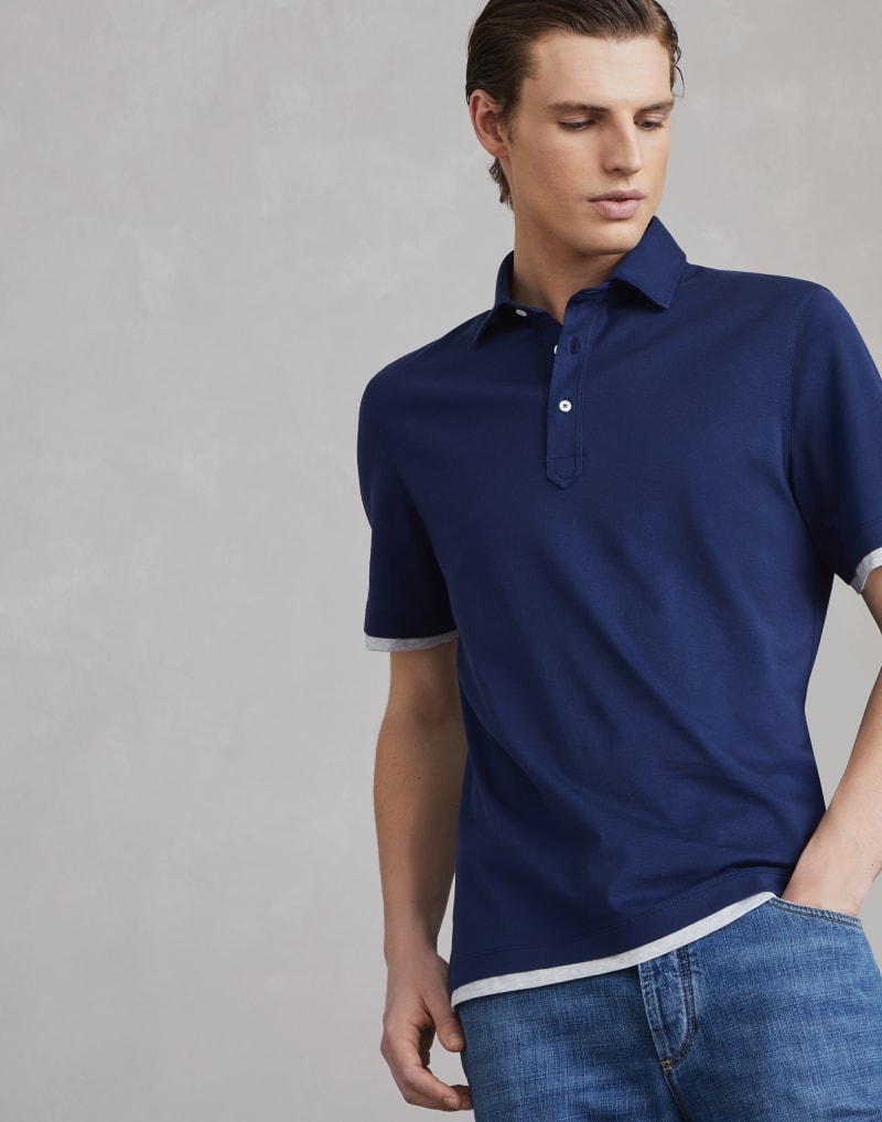 BRUNELLO CUCINELLI MEN'S INDIGO BLUE COTTON POLO SHIRT