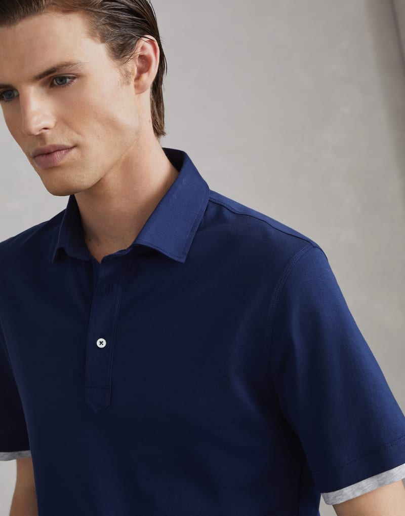 BRUNELLO CUCINELLI MEN'S INDIGO BLUE COTTON POLO SHIRT