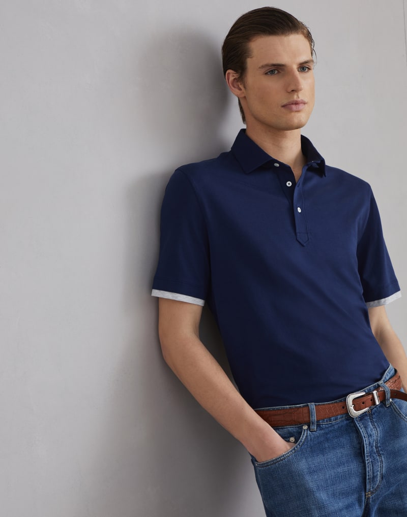 BRUNELLO CUCINELLI MEN'S INDIGO BLUE COTTON POLO SHIRT