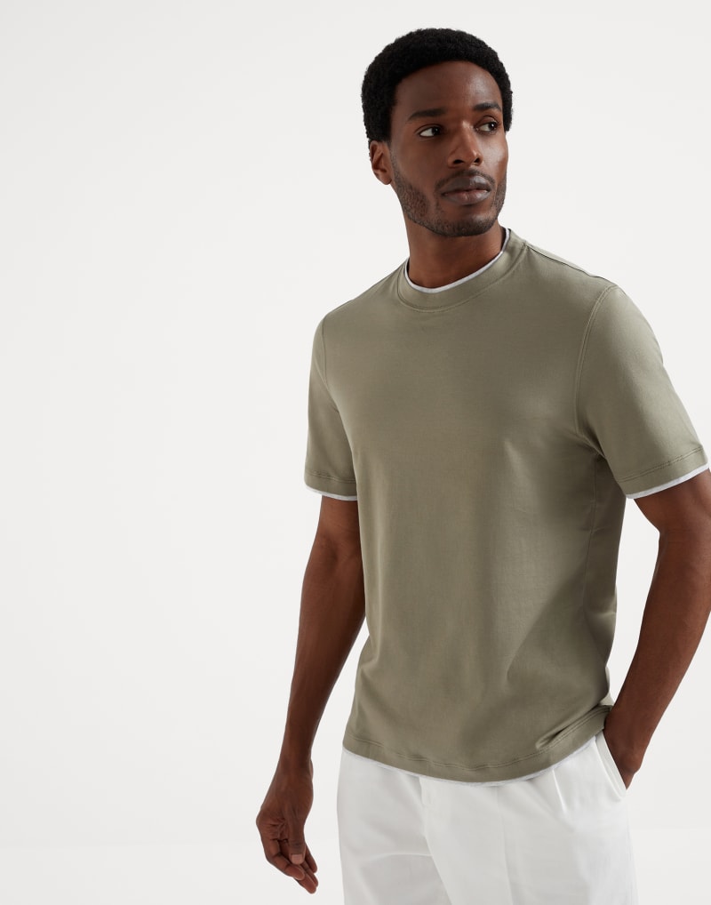 BRUNELLO CUCINELLI MEN'S OLIVE AND LIGHT GREY COTTON CREWNECK SHIRT