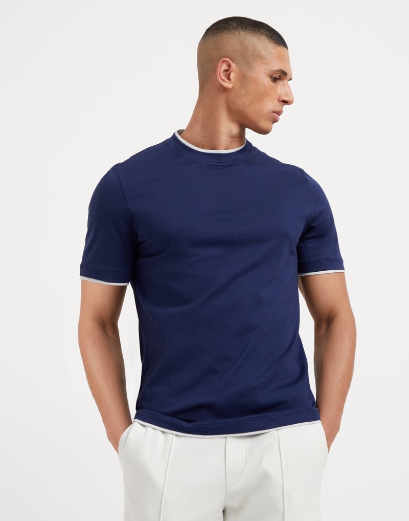 BRUNELLO CUCINELLI MEN'S INDIGO BLUE COTTON CREW NECK SHIRT