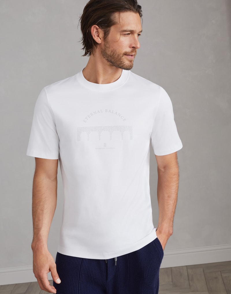 BRUNELLO CUCINELLI MEN'S WHITE COTTON GRAPHIC CREWNECK SHIRT