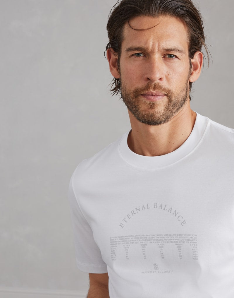 BRUNELLO CUCINELLI MEN'S WHITE COTTON GRAPHIC CREWNECK SHIRT