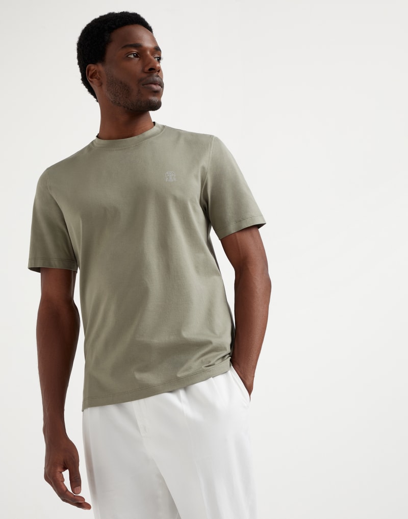 BRUNELLO CUCINELLI MEN'S OLIVE GREY COTTON SHORT SLEEVE SHIRT