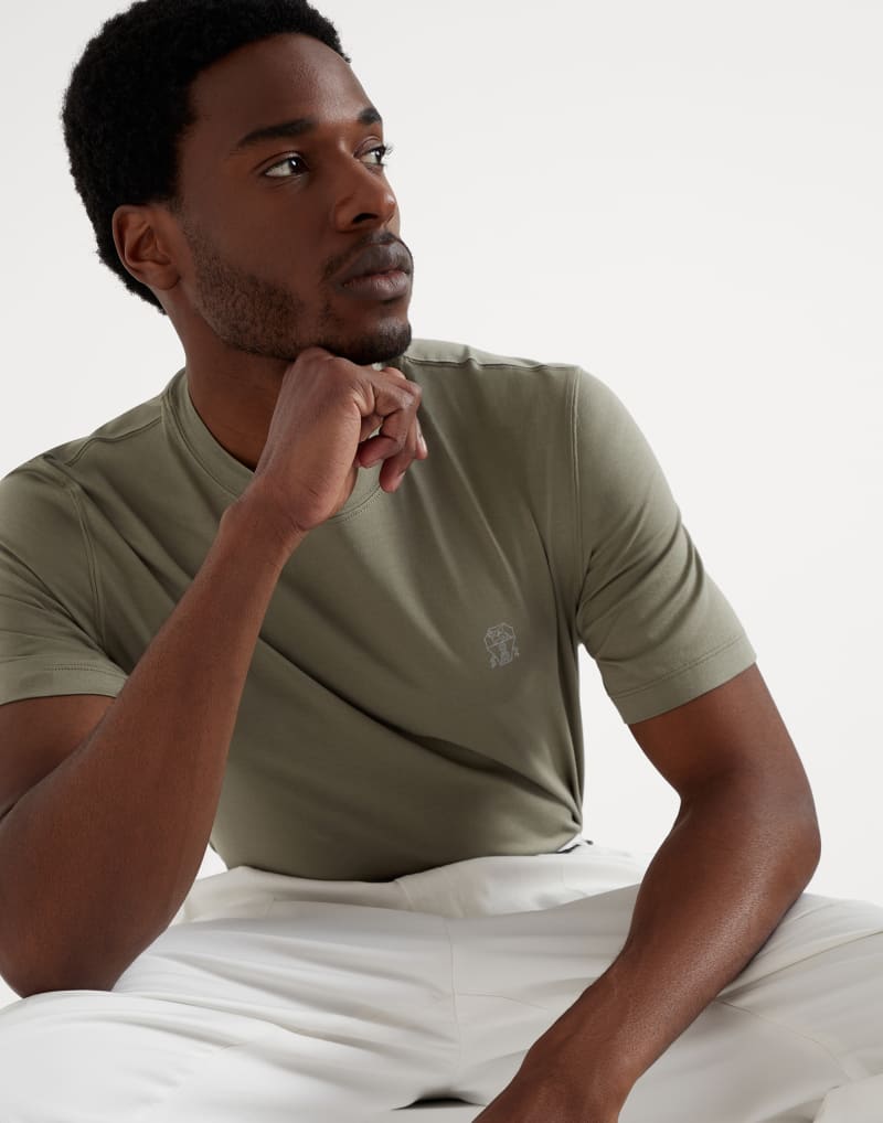 BRUNELLO CUCINELLI MEN'S OLIVE GREY COTTON SHORT SLEEVE SHIRT