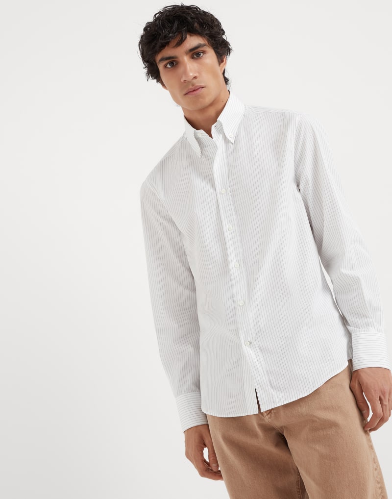 BRUNELLO CUCINELLI MEN'S WHITE STRIPED COTTON BUTTON DOWN SHIRT