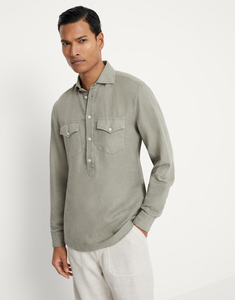 BRUNELLO CUCINELLI MEN'S SAGE LINEN COTTON SHIRT