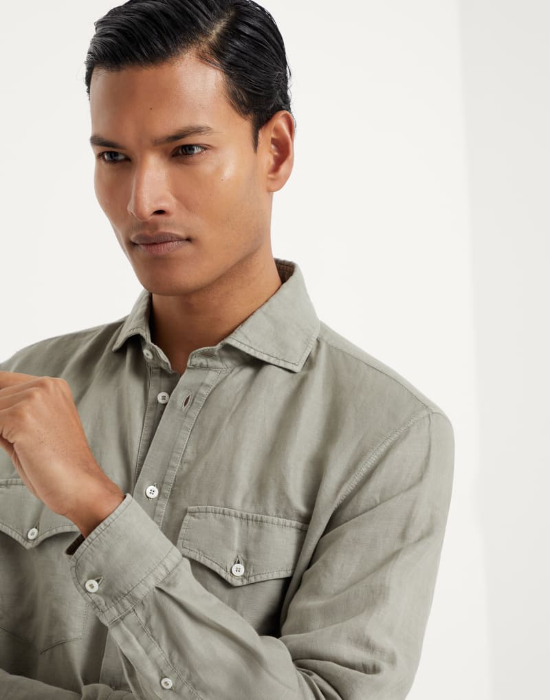 BRUNELLO CUCINELLI MEN'S SAGE LINEN COTTON SHIRT