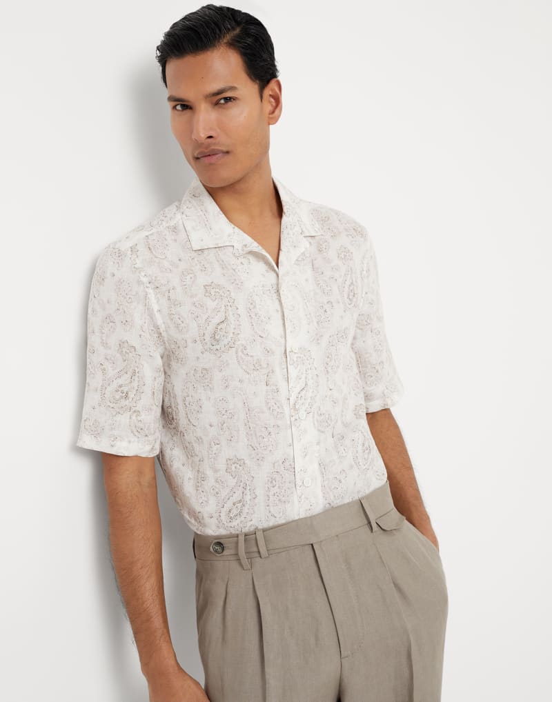 BRUNELLO CUCINELLI MEN'S BROWN SAGE LINEN SHORT SLEEVE SHIRT