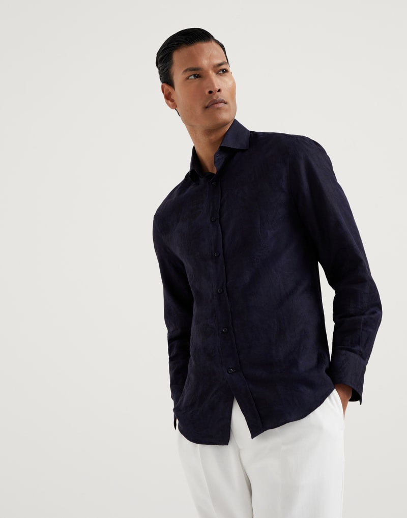BRUNELLO CUCINELLI MEN'S NAVY COTTON LINEN JACQUARD SHIRT