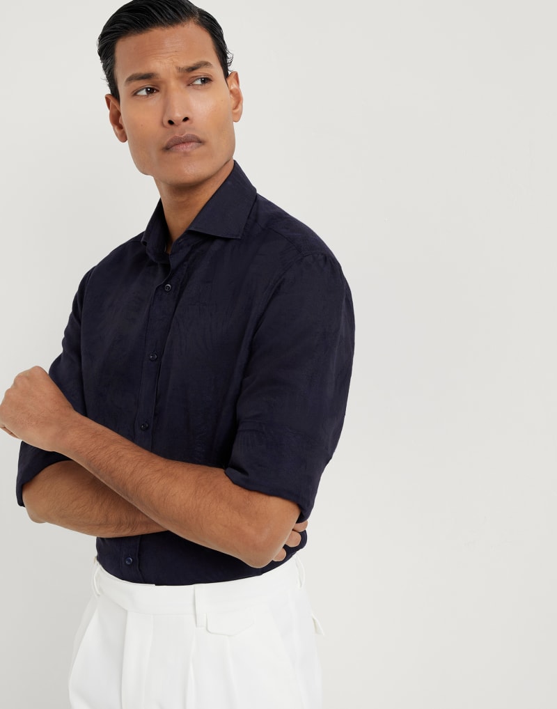 BRUNELLO CUCINELLI MEN'S NAVY COTTON LINEN JACQUARD SHIRT