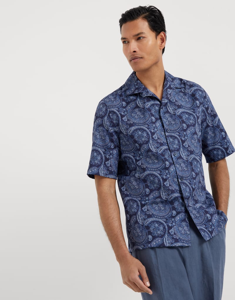 BRUNELLO CUCINELLI MEN'S NAVY PAISLEY SHORT SLEEVE SHIRT
