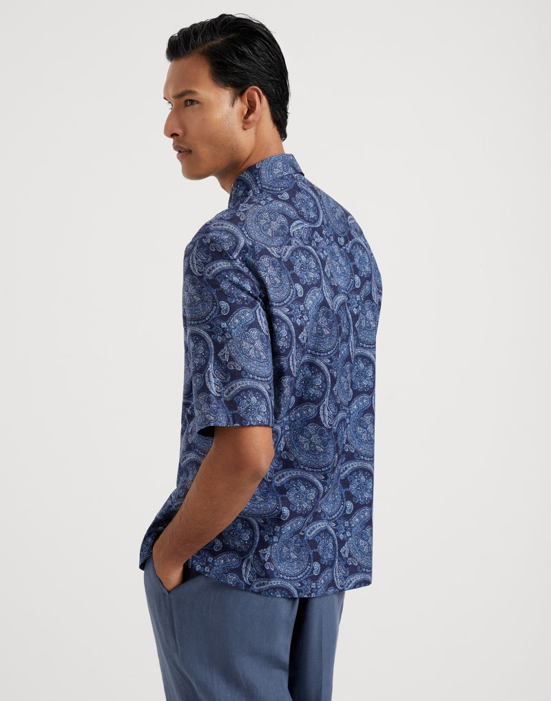 BRUNELLO CUCINELLI MEN'S NAVY PAISLEY SHORT SLEEVE SHIRT