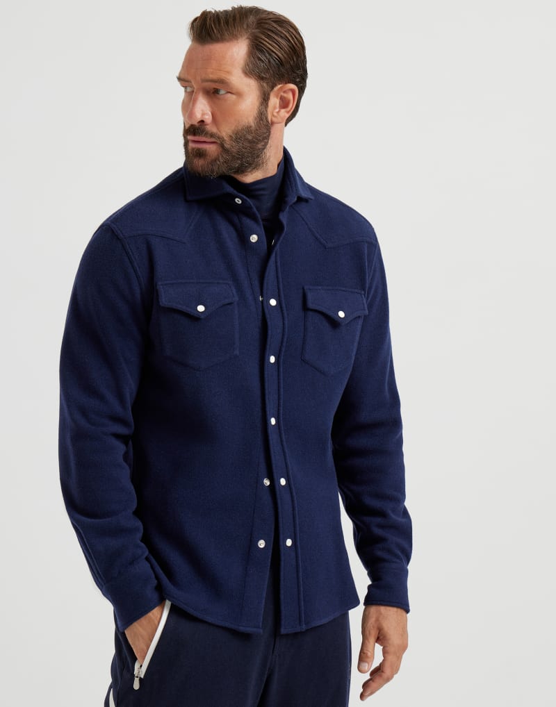 BRUNELLO CUCINELLI MEN'S NAVY WOOL BLEND WESTERN SHIRT