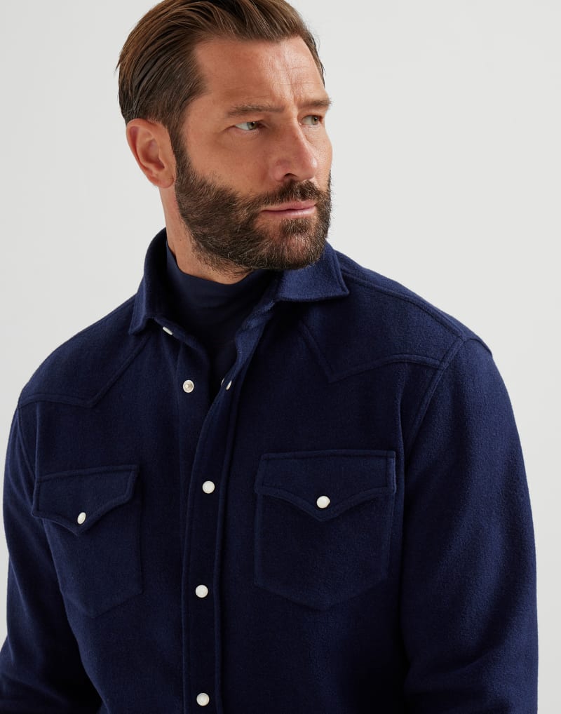 BRUNELLO CUCINELLI MEN'S NAVY WOOL BLEND WESTERN SHIRT
