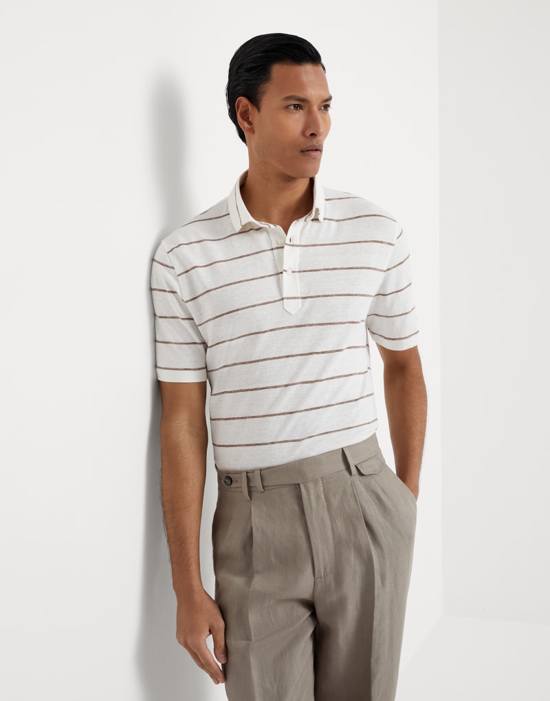 BRUNELLO CUCINELLI MEN'S PANAMA CIGAR STRIPED LINEN COTTON SHIRT