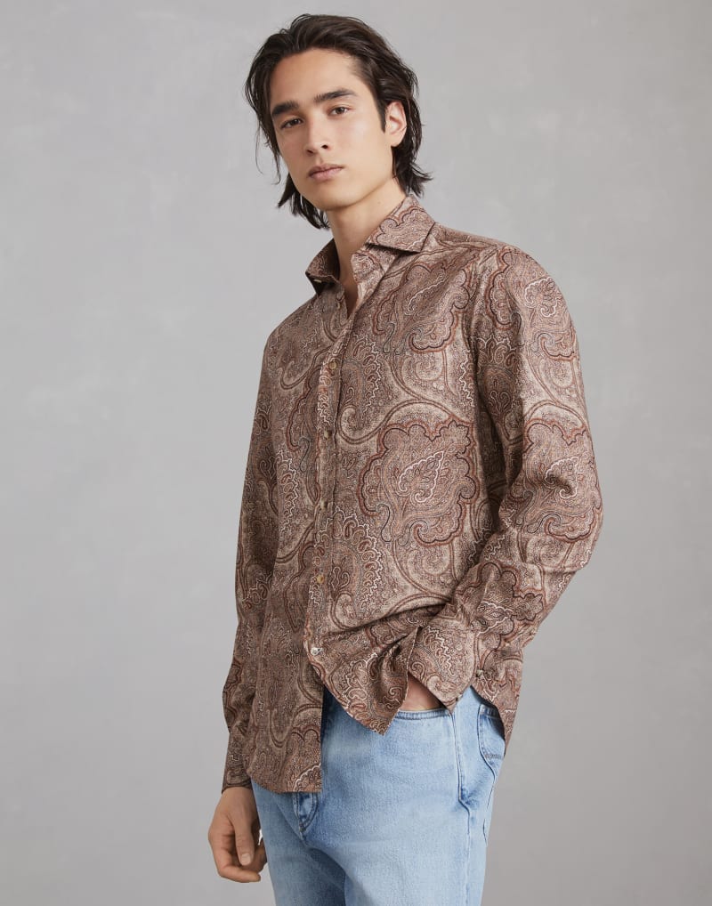 BRUNELLO CUCINELLI MEN'S BROWN PAISLEY COTTON SHIRT