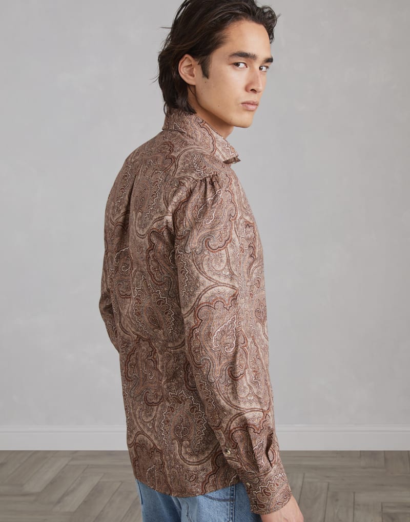 BRUNELLO CUCINELLI MEN'S BROWN PAISLEY COTTON SHIRT