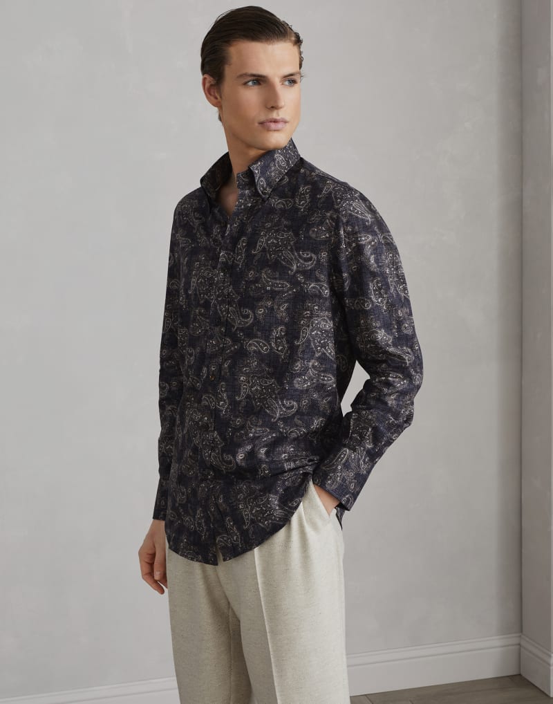 BRUNELLO CUCINELLI MEN'S ANTHRACITE PAISLEY COTTON SHIRT