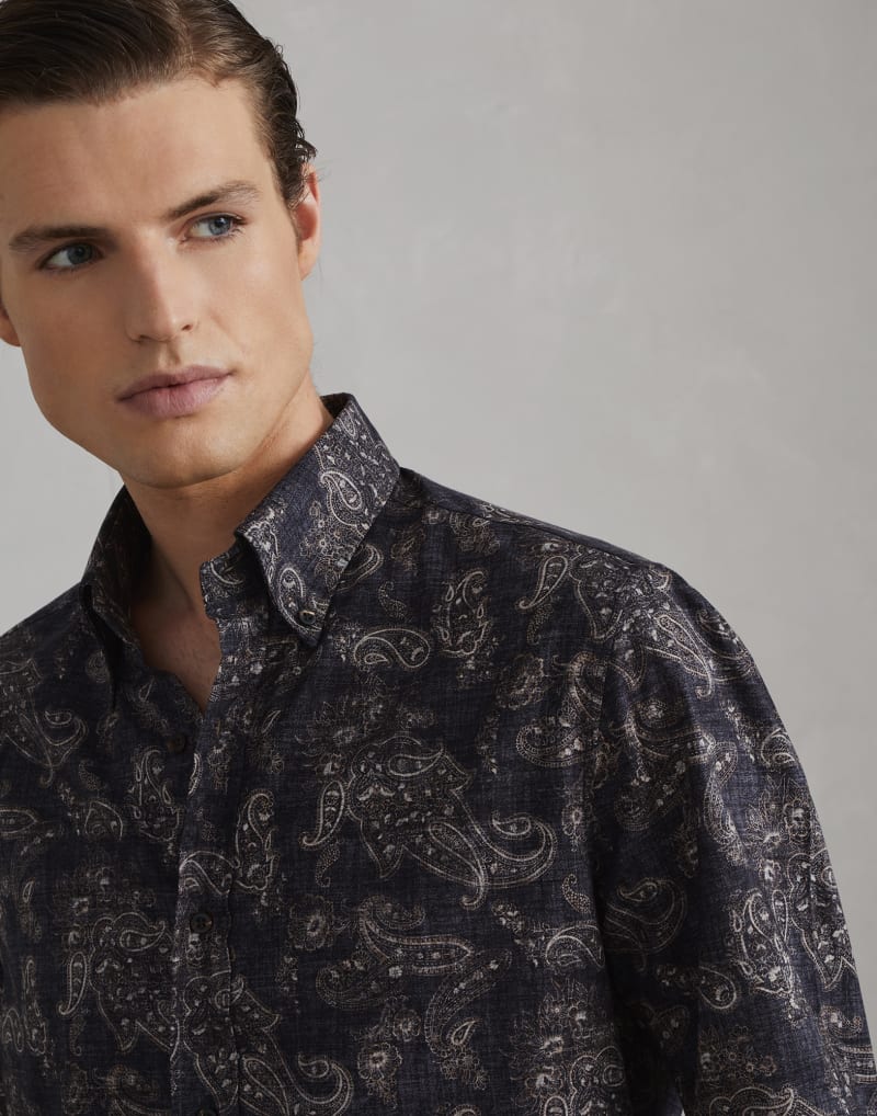 BRUNELLO CUCINELLI MEN'S ANTHRACITE PAISLEY COTTON SHIRT