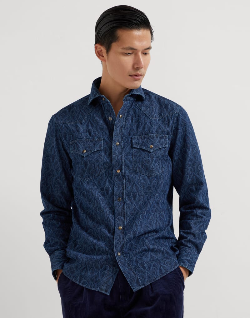 BRUNELLO CUCINELLI MEN'S BLUE PATTERNED COTTON WESTERN SHIRT