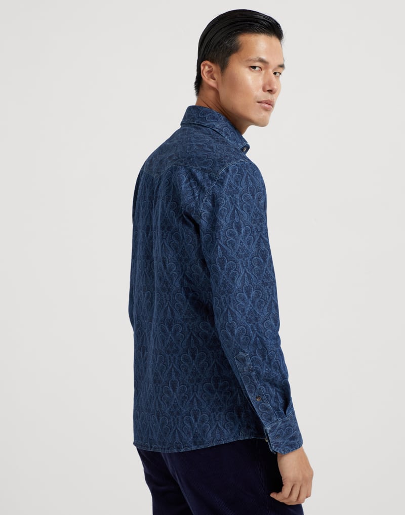 BRUNELLO CUCINELLI MEN'S BLUE PATTERNED COTTON WESTERN SHIRT