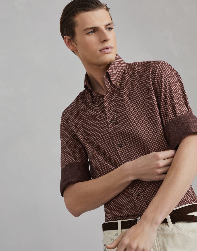 BRUNELLO CUCINELLI MEN'S CORAL PATTERNED COTTON BUTTON DOWN SHIRT
