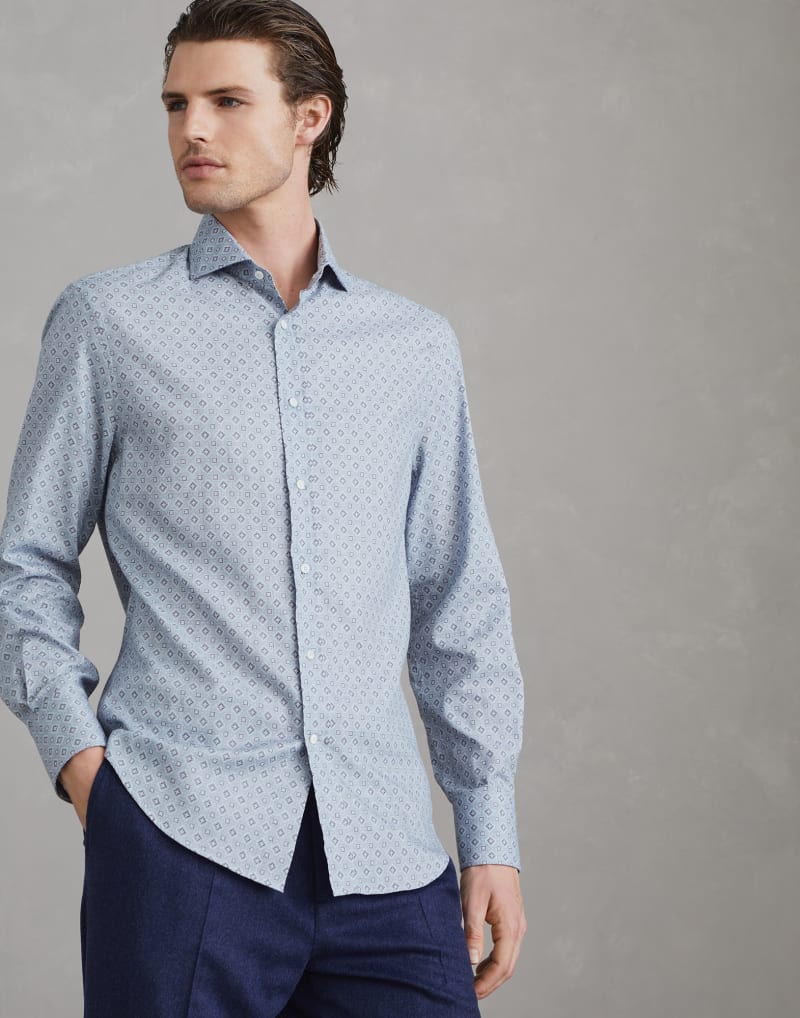 BRUNELLO CUCINELLI MEN'S LIGHT BLUE PATTERNED COTTON SHIRT
