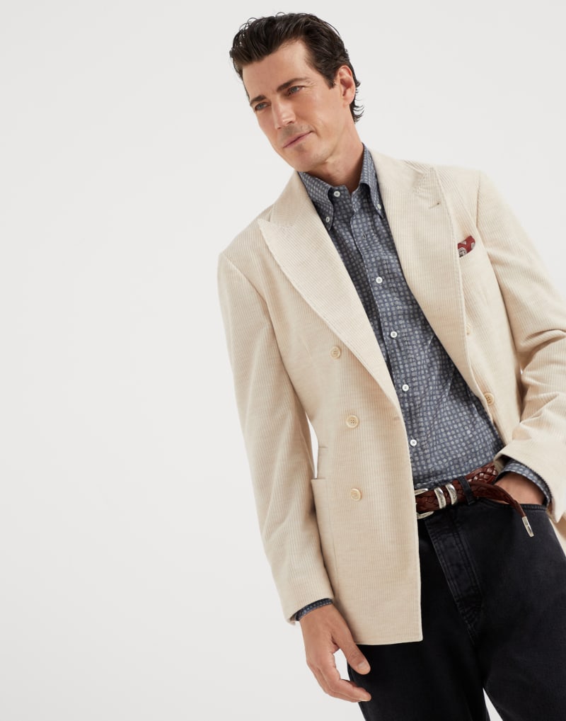 BRUNELLO CUCINELLI MEN'S DENIM PATTERNED COTTON BUTTON DOWN SHIRT