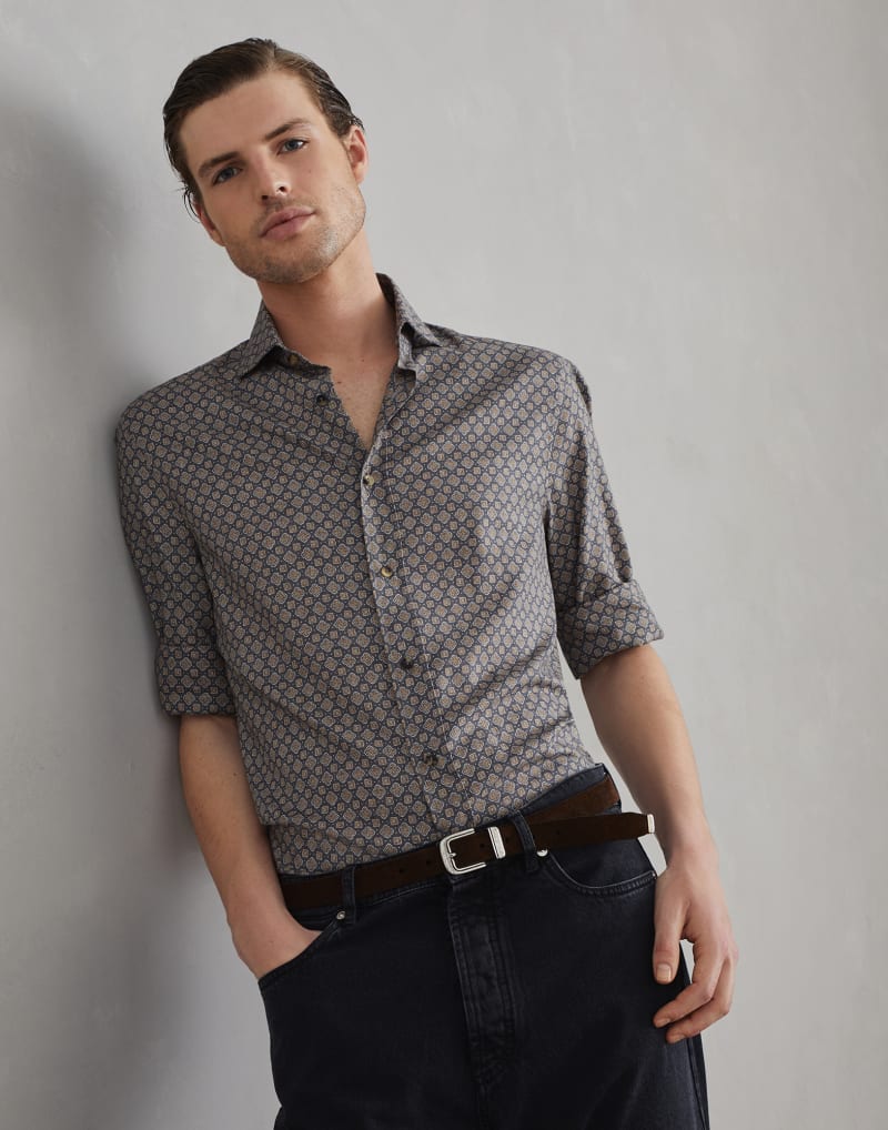 BRUNELLO CUCINELLI MEN'S LEAD AND CREAM PATTERNED COTTON SHIRT